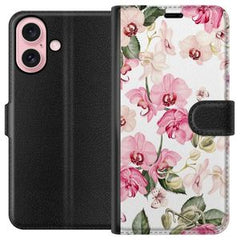 Apple iPhone 16 Svart Plånboksfodral Rosa blommor