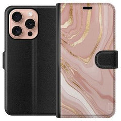 Apple iPhone 16 Pro Svart Plånboksfodral Ljusrosa marmor