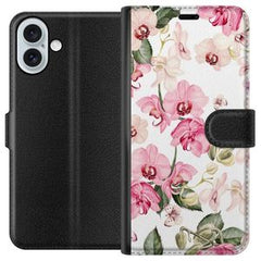 Apple iPhone 16 Plus Svart Plånboksfodral Rosa blommor