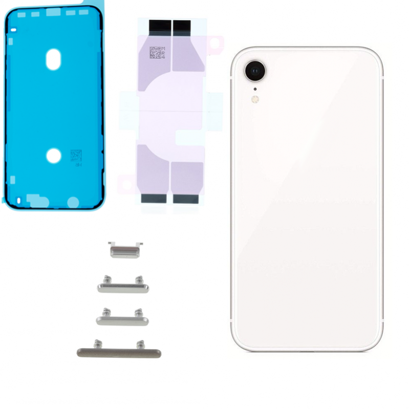 Komplett baksida med ram, kameralins, smådelar, flexkablar, knappar, vattentät tejp, batteritejp - iPhone XR